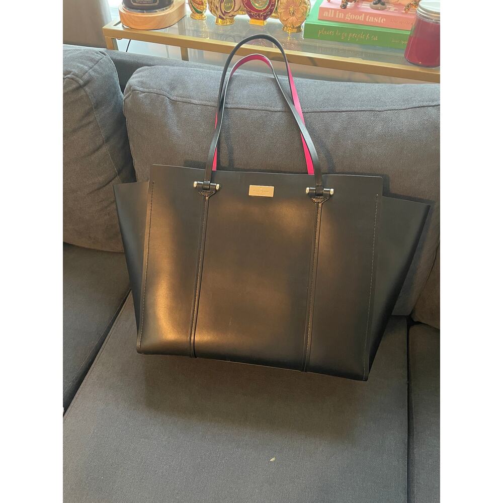 Kate Spade Black Leather Tote Bag Magenta Interior Gold Hardware Work Travel Bag - Picture 2 of 9